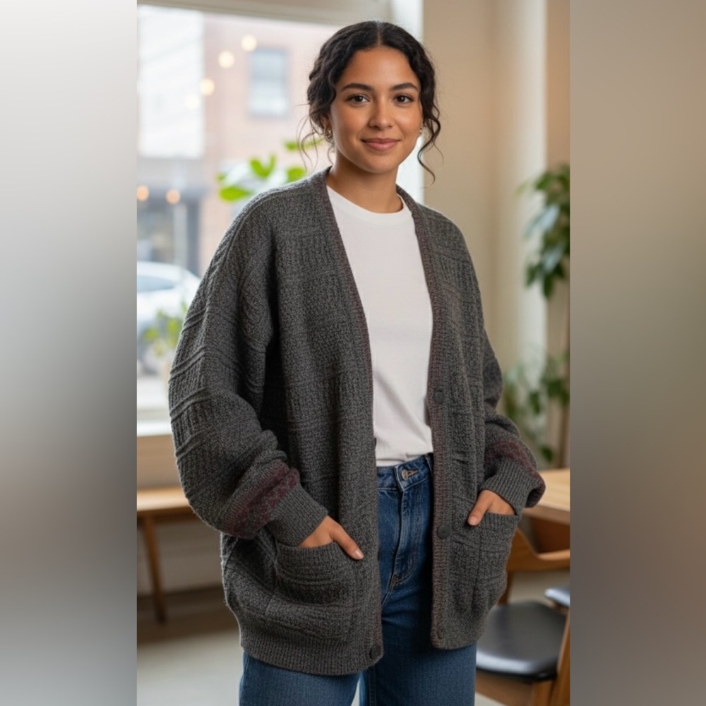 Vintage Gray Textured Knit Cardigan Sweater